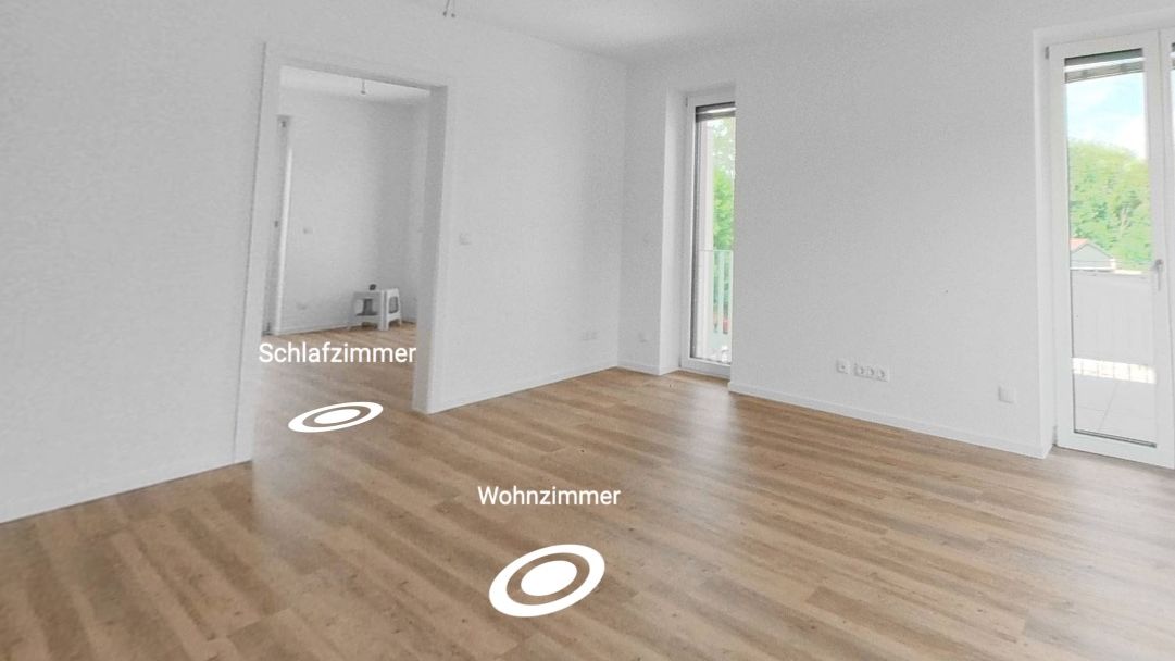 Ausschnitt aus dem 360 Grad Rundgang Leeres Wohnzimmer mit Tür zum Schlafzimmer
